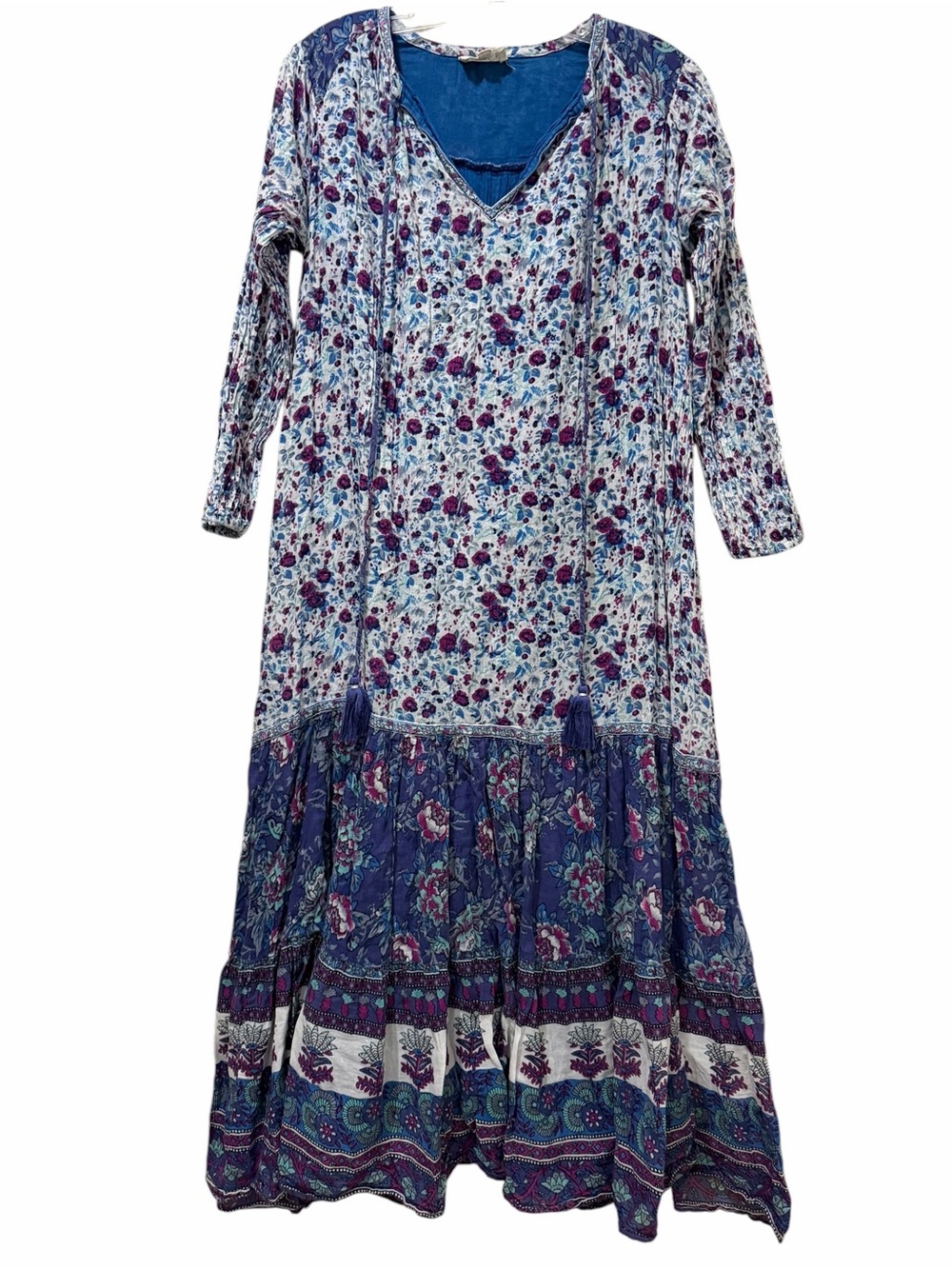 M.A.B.E Small Alma Midi Long‎ Sleeve Boho Floral 100% Cotton Dress B4